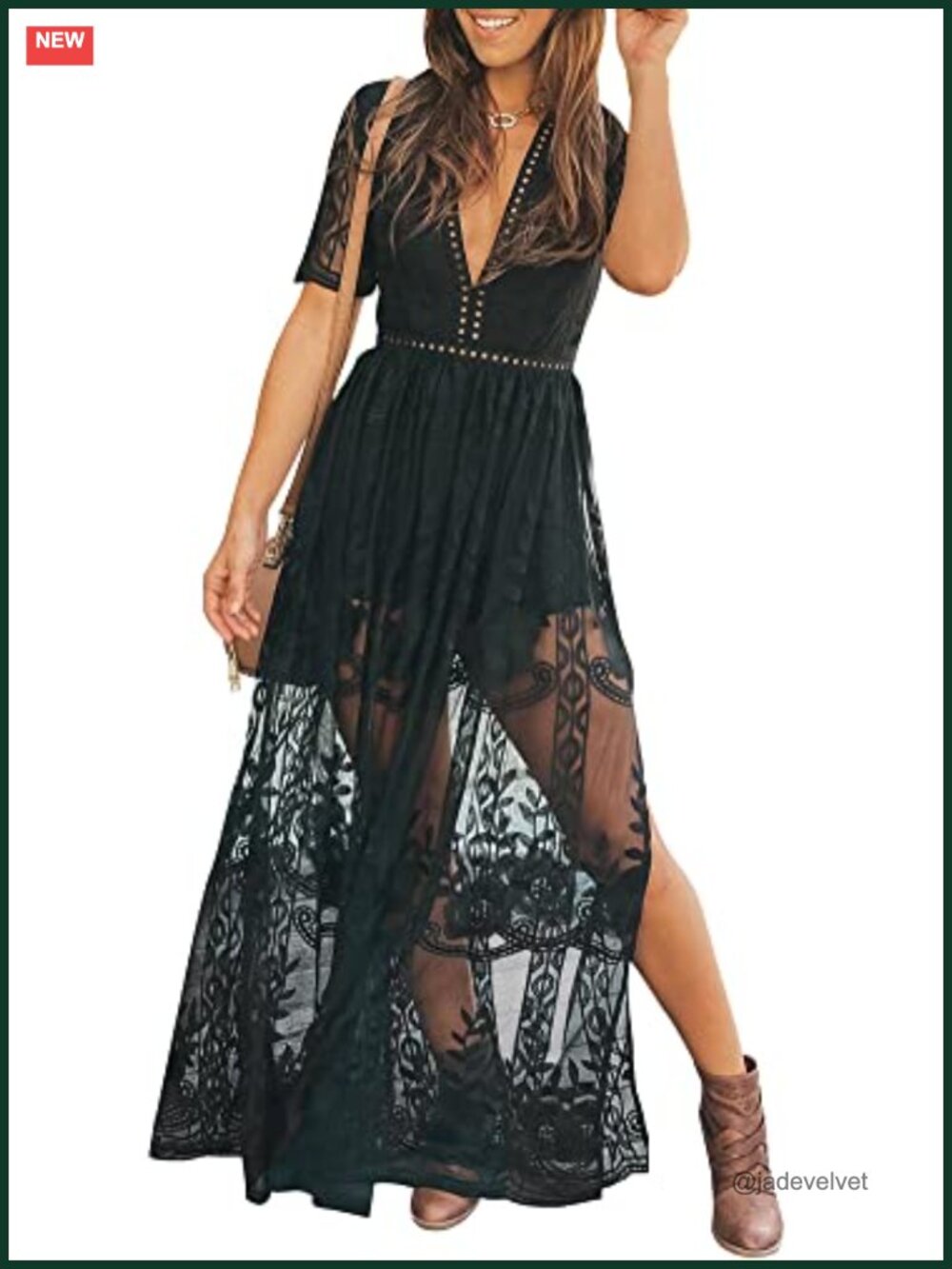 Lace Romper Dress Deep V-Neck Short Sleeve Maxi
